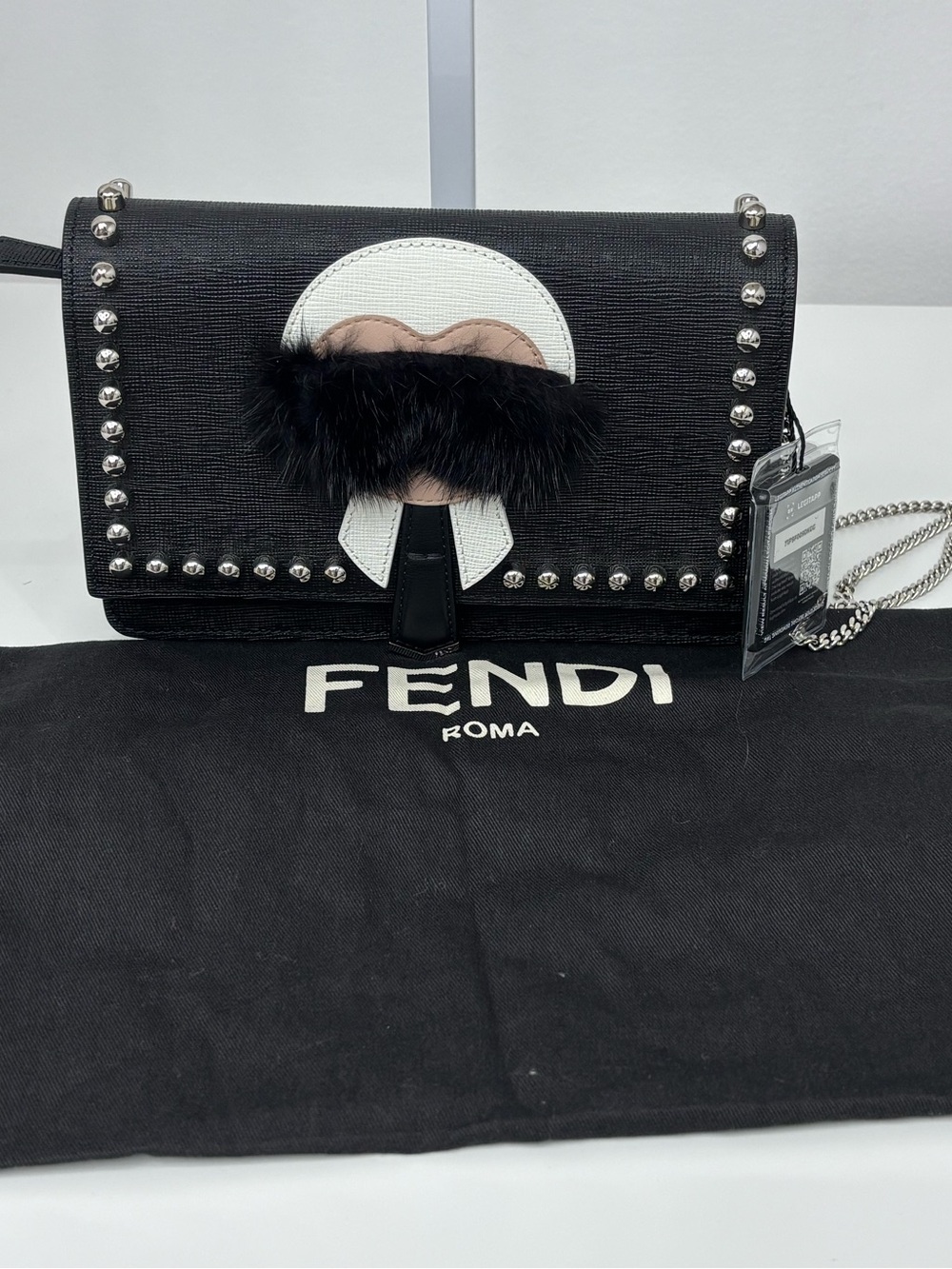 Fendi Black Leather Studded Wallet on Chain Crossbody